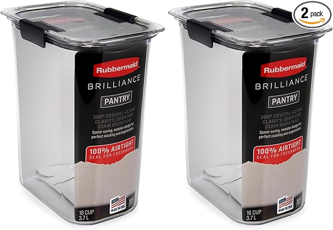 Rubbermaid Brilliance Food Storage Container, 16-Cup, Airtight | Clear/Grey | For Pantry Organization | Pack of 2