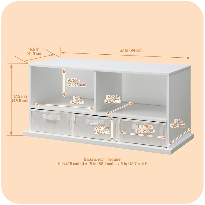 Badger Basket Stackable Toy Storage Organizer - 5-Shelf Modular Unit with 3 Removable Fabric Bins, Solid Panel Construction, Expandable Design for Toys and Crafts - White