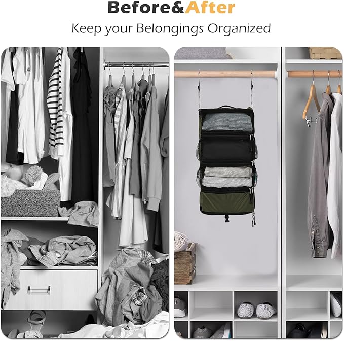 TABITORA Travel Luggage Organizer Hanging Packing Cubes Portable Hanging Shelves Carry on Closet for Suitcase with 2 Hooks,Collapsible(Darkgreen,S)