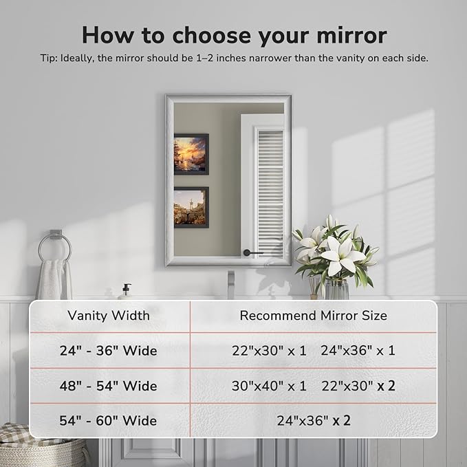 USHOWER Brushed Nickel Bathroom Mirrors for Over Sink 22x30 Inch, Metal Framed Rectangle Vanity Mirror for Wall, Bedroom, Living Room, Entryway, Anti-Rust, HD Tempered Glass, Horizontal/Vertical