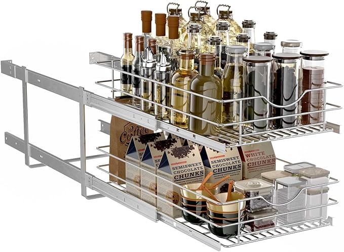 2 Tier Pull Out Cabinet Organizer,(11½"W x 22" D) Soft Close Slide Out Drawer For Kitchen Base Cabinet, Individual Pull Out Shelf, Roll Out Pantry Organization, 22 Inch Deep