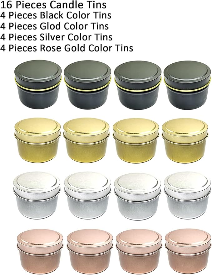 Unixing 16PCS 4oz Candle Tins for DIY Candle Making, Metal Round Candle Containers for DIY Candle Making, Arts & Crafts, Storage and Holiday Gifts, Black Gold Rose Gold Silver Candle Tins