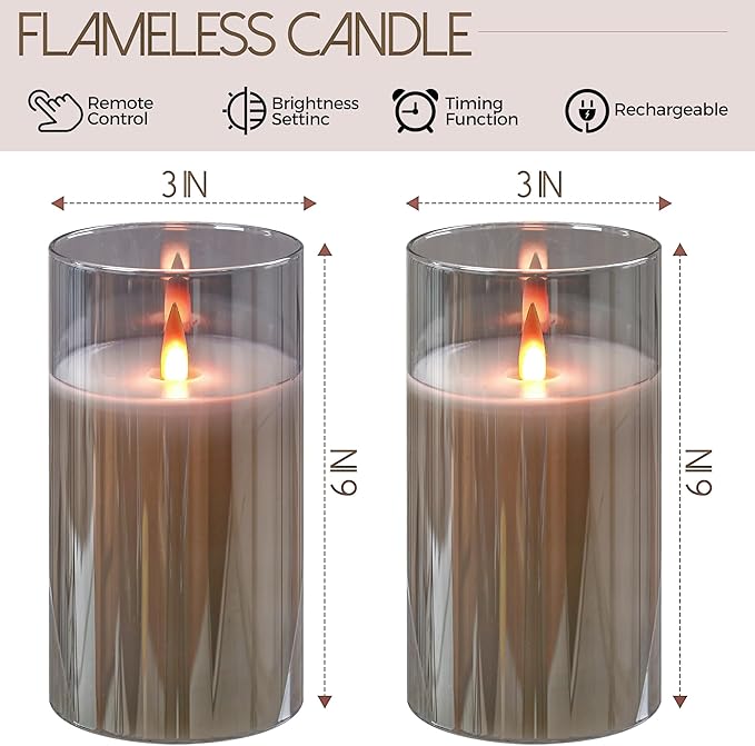 HaitanghuaRechargeable Candles, Remote Control Candles with Remote, 2/4/6/8 Hour Timer, USB Rechargeable flameless Pillar Candles, Gray, 6 inches (2-Pack)
