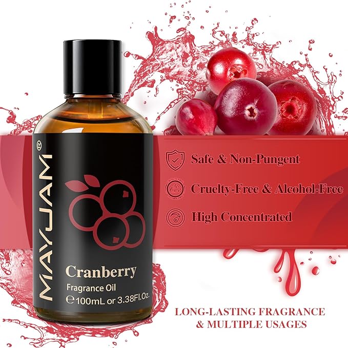 MAYJAM 100ML/3.38FL.OZ Cranberry Fragrance Oils with Glass Dropper, Essential Oils for Diffusers, Long Lasting Scented Oils for Soap Candle Making