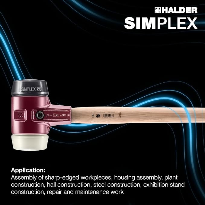 Halder Simplex SledgeHammer 3028.081 – Medium-Hard Rubber Insert, Nylon Insert, Cast Iron Housing with Handle Protection Sleeve, Varnished Wooden Handle, 80mm, 7.6 lbs.