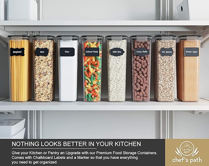 Chef's Path - Kitchen Storage Box Set - 8 Airtight Food Jars for Storing Spaghetti, Pasta, Flour, Cereals, Pet Food Preservation, BPA Free (3 quarts)