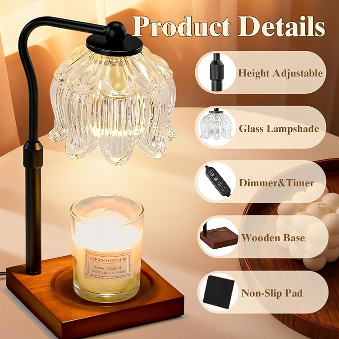 Shevvi Candle Warmer Lamp with Timer, Dimmable Candle Warmer for Jar Candles, Gifts for Women Mom, Height Adjustable Wax Melt Warmer, House Warming Birthday Gift, New Home Decor, Walnut Wood