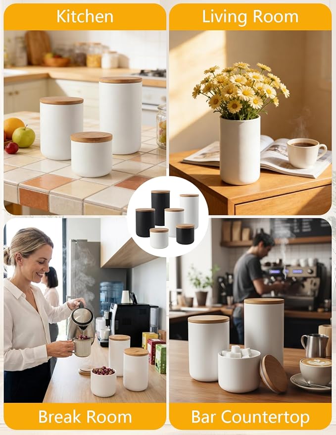 Ceramics Food Storage Jar Canister with Airtight Seal Bamboo Lid, Simple Style Kitchen Canister for Food Storage, Store Coffee, Sugar, Tea, Spices and More (White (8.79oz/260ml))
