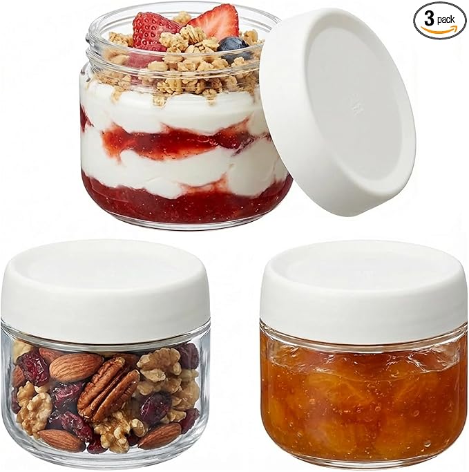 3Pack Overnight Oats Containers with Lids,10oz Glass Jar with Scew Lid,Salad Dressing Fruit Veggies Sauce Snacks Meal Prep Food Containers,Spice Jars,Wide Mouth Storage Containers