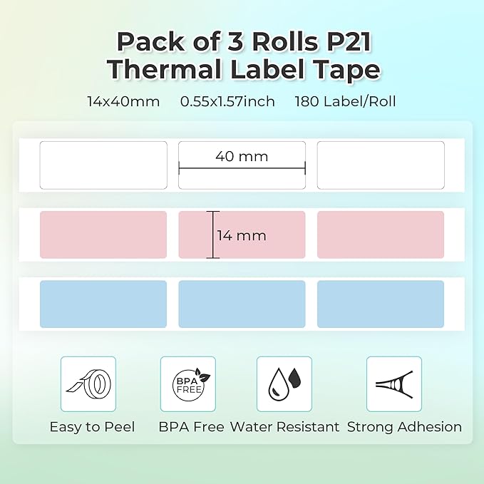 NELKO Genuine P21 Label Maker Tape, Adapted Label Print Paper, 14x40mm (0.55inchesx1.57inches), Standard Laminated Labeling Replacement, 180 Tapes/Roll, 3-Roll, White/Light Blue/Pink
