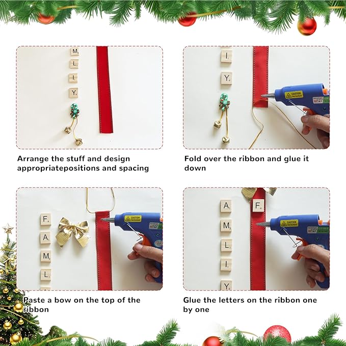 Christmas Ornaments Tree Decorations Personalized Crafts for Adults Kit DIY Ribbon Letter Tiles Bells Rustic Stockings Name Tags Hanging Xmas Decor for Gifts Wreath Holiday(Red & Green)