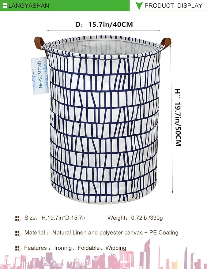 LANGYASHAN Laundry Basket Canvas Fabric Collapsible Organizer Basket for Storage Bin Toy Bins Gift Baskets Bedroom Clothes Children Nursery Hamper (Blue Stripes)