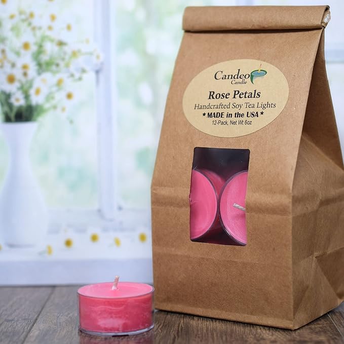 Rose Petals Scented - 12 Pack - Scented Tealight Candles - Soy Beeswax Blend - Handmade in The USA - Candeo Candle - Floral and Spring Scents
