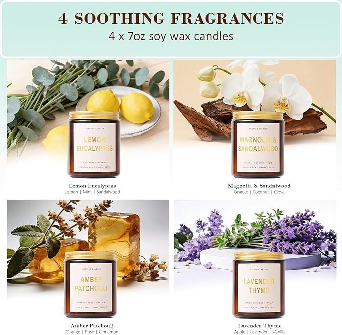 Candles for Home Scented, 4 Pack Soy Candle Non Toxic, Spring Aroma Candles with Lavender Thyme,Magnolia & Sandalwood,Amber Patchouli,Lemon Eucalyptus - Candle Gifts Set for Women & Mothers Day