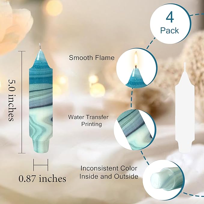5 inch Short Candle Blue Quicksand Print Candle 4 Pack Handmade Unscented Taper Candles Printed Candlestick Smokeless Tapered Candles for Home Dinner Wedding Holiday