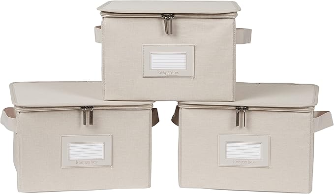 Covermates Keepsakes Zip-Top Storage Box Set, 3 Pack Heavy Duty Polyester Organizer Bins, Stackable Design, ID Window, Reinforced Handles, Closet Home Storage, Beige Heather