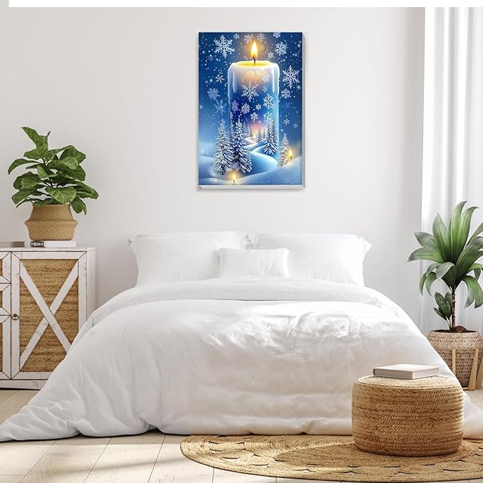 Bowetile Snow Paint by Numbers for Adults Beginners Framed, Adults' Paint-by-Number Candles Kits, Adult Paint by Number Kits on Canvas, Acrylic Christmas Number Painting for Home Decor, 8x12in