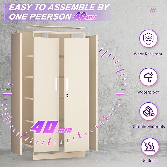 Superday Metal Storage Cabinets, 71" Storage Cabinet with Locking Door, Tall Garage Cabinet with 2 Doors and 4 Adjustable Shelves for Home Office, Classroom, Easy Assemble((Putty)