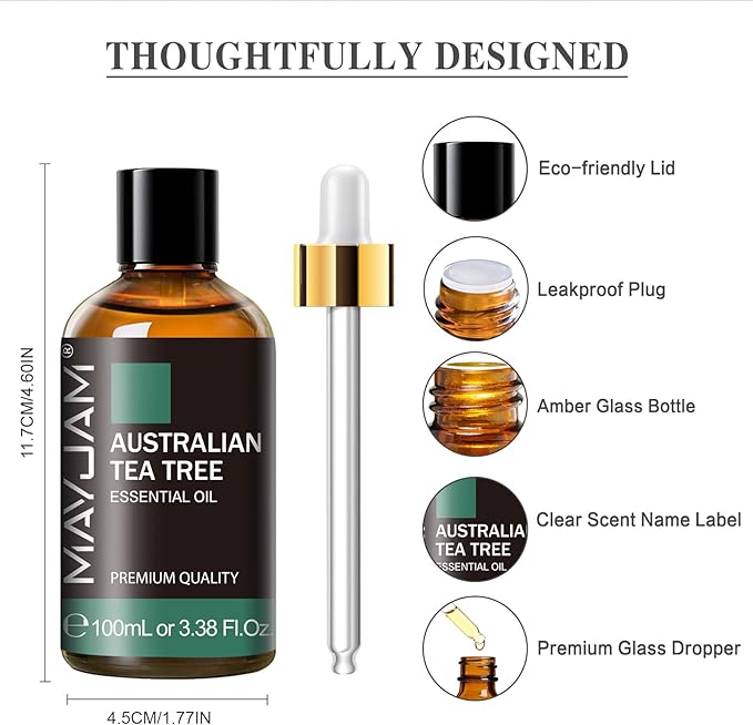 Australian Tea Tree Essential Oil, MAYJAM Pure Essential Oils for Diffusers, 3.38FL.OZ/100ML Large Volume Australian Tea Tree Oil with Premium Glass Dropper