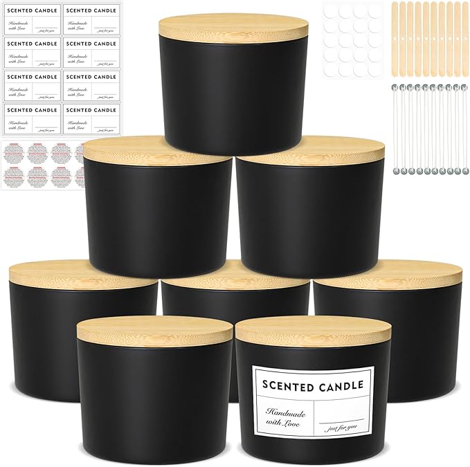 SUPMIND 12oz Candle Jars for Making Candles, 8 Pack Large Black Glass Empty Candle Jars with Bamboo Lids and Wick Kit, Multiple Wicks Wide Mouth Candle Container Bulk, Ideal for Candle Business