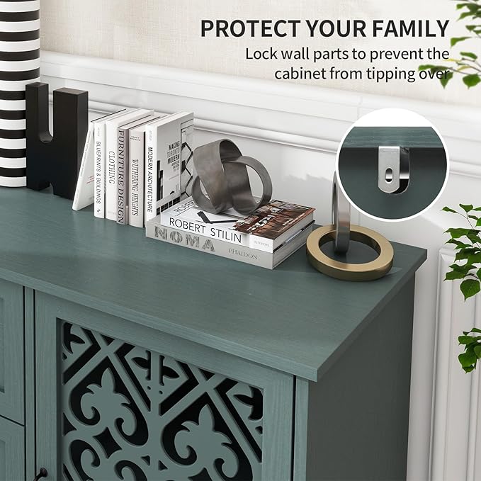 Vistavie Sideboard Buffet With Storage - Accent Cabinet With Carved Pattern, American Furniture 2 Door 3 Drawer, Farmhouse Wood Credenza for Entryway, Dining Room, Study Room