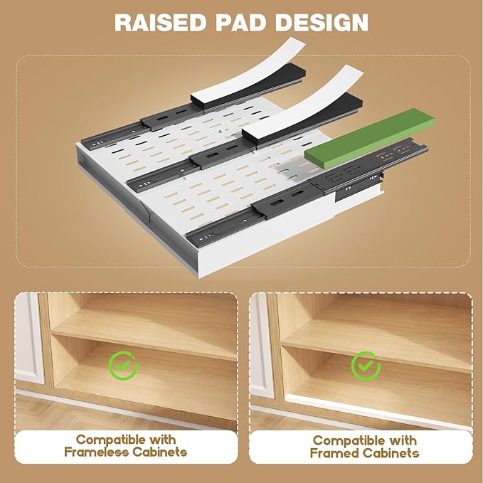 2 Pack Pull Out Cabinet Organizer With Raising Pad for Framed Cabinets,Expandable Width (11"-16") and Depth (13"-17"),3 Slide Rails Slide Out Drawers with Handle,No-Drill Roll Out Shelf,White