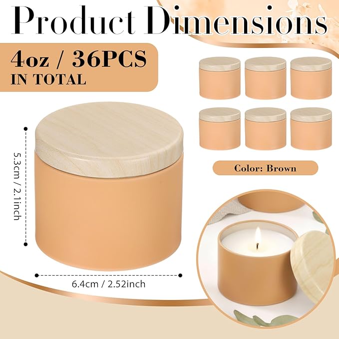 Honeydak 36 Pcs 4oz Brown Candle Jars Bulk Candle Tins Small Empty Containers with Metal Wood Grain Printing Lids for Making DIY Jars Storage Wedding Gifts
