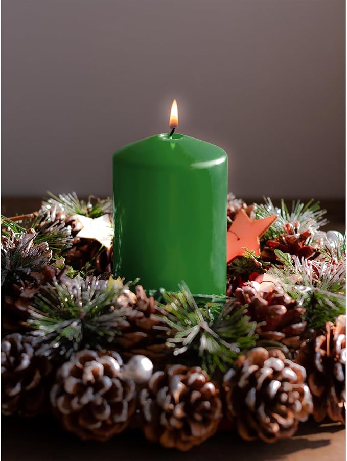 Candwax Green Pillar Candles Set of 3 - Perfect as Christmas Centerpiece Table Decorations - 80-Hour Burn Time Self-Extinguishing Candles for Home Decor - Cone-Top Grass Green Pillar Candles 3x6