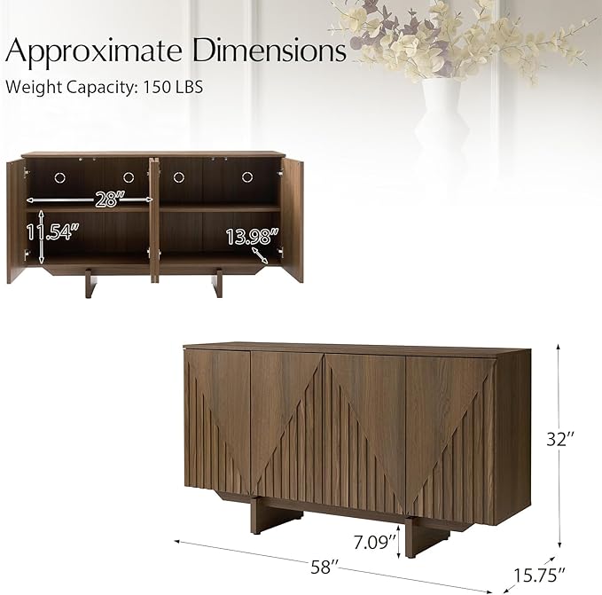 HULALA HOME Mid Century Modern Solid Wood Sideboard with Triangle, 4 Door Fluted Buffet Cabinet with Storage, 58" Sideboard Cabinet with Adjustable Shelves, Walnut
