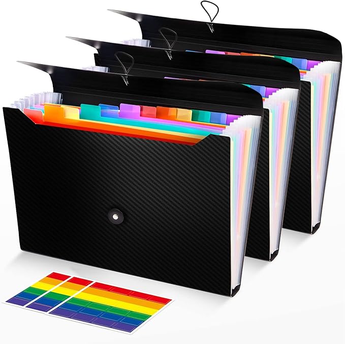3Pcs Expanding File Folder, 13 Pockets Accordion File Holder Organizer, A4 Letter Size Paper Document Receipt Organizer Accordian Filing Folder for Classroom, Home, Office and Travel