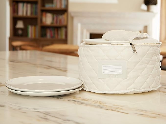 Covermates Keepsakes Dish Storage Case – Padded China & Dinnerware Organizer, Quilted Polyester Protection, ID Window, Zipper Closure, Machine Washable, Cream