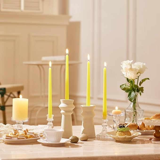 12-Inch Tall Dripless Taper Candles Set of 4 - Yellow Tapered Candles, Perfect for Spring - Smokeless, Unscented, Long Burning - Hand Poured, Colored Tall Candlesticks - Light Yellow