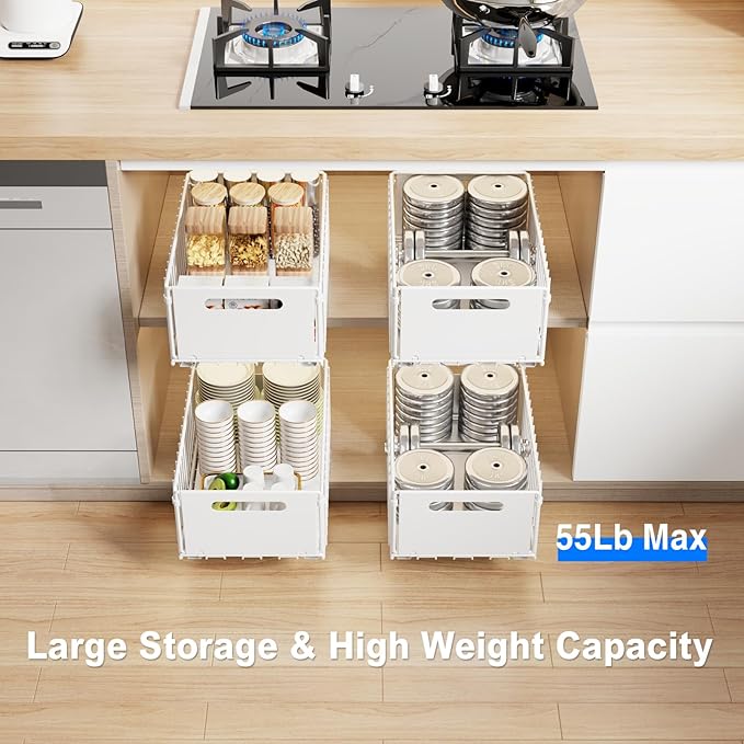 2 Pack Pull Out Cabinet Organizer, Slide Out Drawers for Cabinets, Peel and Stick, Heavy Duty Shelves for Kitchen, Cupboard, Pantry, Bathroom (14.76" D*9.65" W*7.87" H-White)