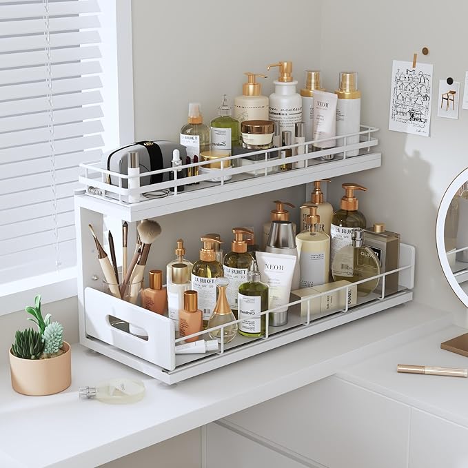 Under Sink Organizer Upgrade To Professional Rails,2-Tier Dual Pull Out Cabinet Storage,Height Adjustable Slide Out Drawers For Bathroom Kitchen,1 Pack-18.5"Dx12.8"-16.9"H,White