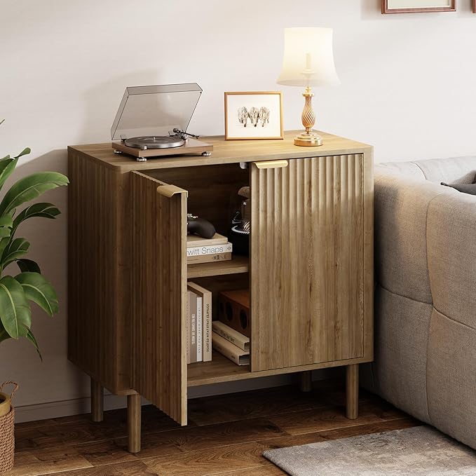 IKALIFE Sideboard Buffet Cabinet with Storage, Modern Fluted Accent Credenza with Doors & Adjustable Shelves, Wood Coffee Bar Console Table for Living Room, Dining Room, Kitchen or Entryway 31.5" Oak