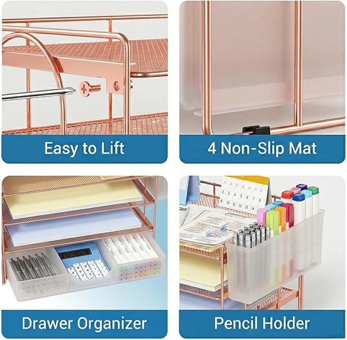 ECOLOVI Desk Organizer, 4-Tier Paper Organizer Letter Tray with File Holder, Drawer and 2 Pen Holders, Desktop File Organizer for Office Supplies, Workspace Storage, Rose Gold