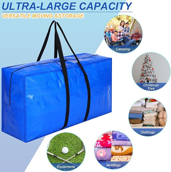 Windyun 4 Pack 57 Gallon Extra Large Moving Bags XXL Heavy Duty Storage Bag with Strong Zipper Handle Jumbo Big Tote Box Foldable for College Dorm Travel Clothes Duffle Blanket Pillow(Blue)