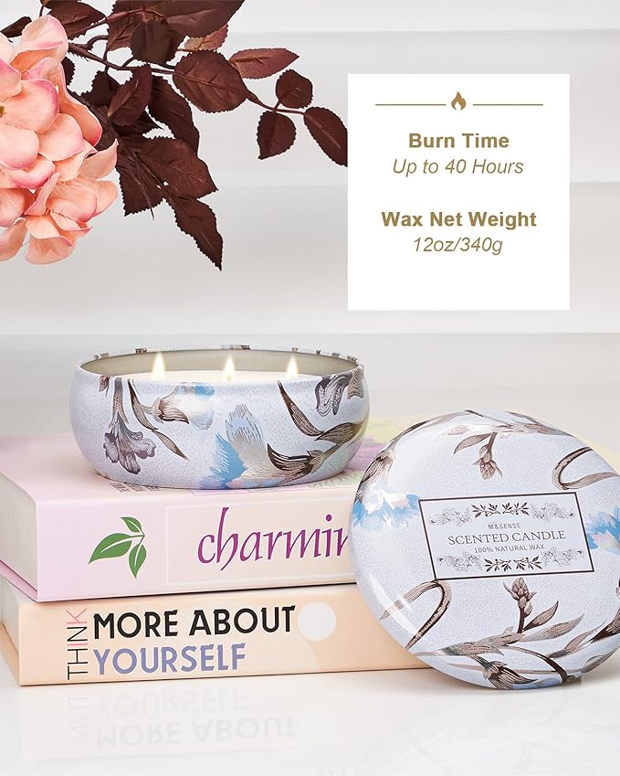 M&SENSE Happy Gardenia Scented Candles 12 oz,Large 3 Wick Soy Tin Candle, Over 40 Hour Burning Time, 100% Natural Vegan Wax Relaxing Aromatherapy Aesthetic Candle Gift for Women Men