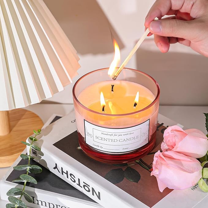 CONNOO 6 Pack 16 oz Candle Jars - 3 Wicks Pink Empty Glass Wide Mouth Candle Jars come with Metal Lids Sticky Warning Labels and a Candle Wick Kit for Candle Making- Dishwasher Safe