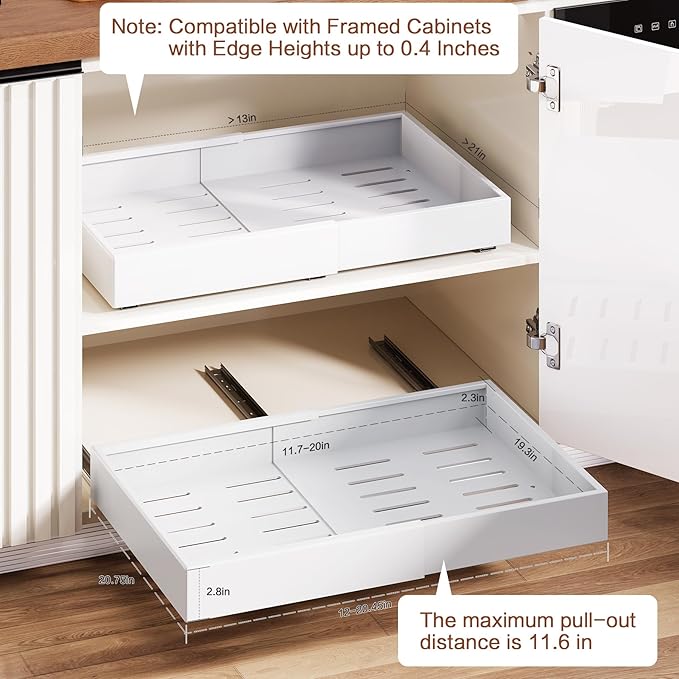2 Pack Pull out Cabinet Organizer,Extendable (12"-20") Heavy-Duty Pull-Out Drawers – Secured with Nano Adhesive Tape, Ideal for Cookware Storage, for Kitchen Base Cabinets (21" Dx12-20" W)