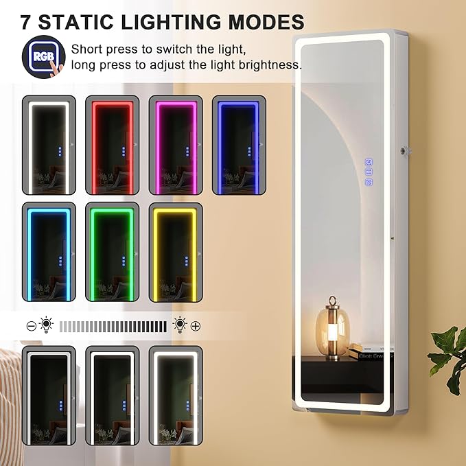 Lvifur LED Mirror Jewelry Cabinet - with RGB lights,Lockable Wall/Door Mounted Full Length Mirror with Storage,Hanging Jewelry Organizer-2 Drawers,Foldable Shelf,Built-in Lighted Mirror(White)