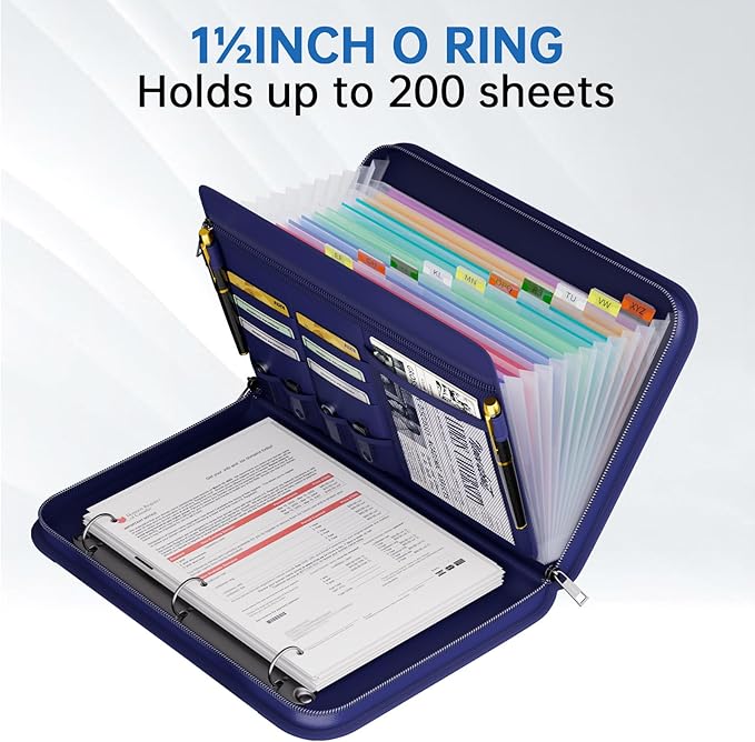 Fireproof Accordion File Organizer with Handle, 13 Pocket Expanding File Folder with Zipper & Labels, File Folder with 3 Ring Binder, Multi Pockets Paper Organizer Folder for Letter A4 Files (Blue)