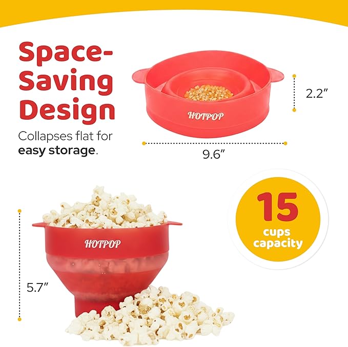 The Original Hotpop Microwave Popcorn Popper, Silicone Popcorn Maker, Collapsible Bowl BPA-Free and Dishwasher Safe- 20 Colors Available (Transparent Red)