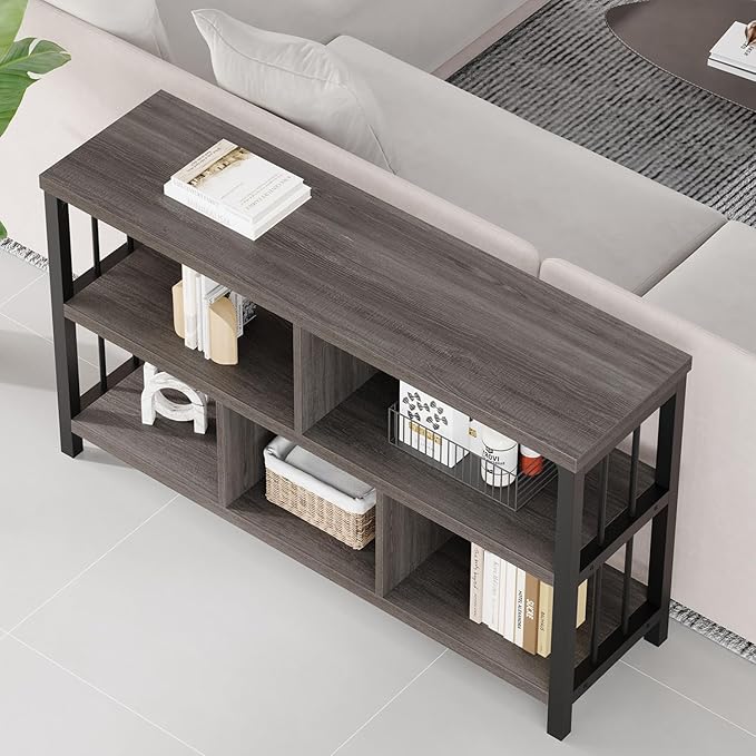 IBF Industrial 5 Cube Storage Organizer Bookshelf, Rustic Low Horizontal Book Shelf, Metal and Wood Cube Bookcase for Bedroom, Modern Wide Cubby Shelf for Living Room Home Office, Dark Grey Oak, 47 In