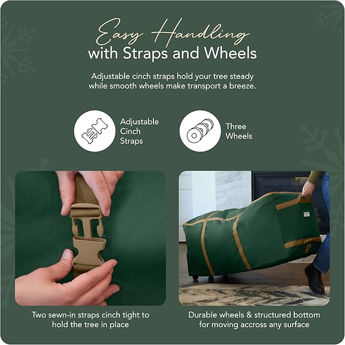 Covermates Keepsakes Christmas Tree Rolling Cinch Bag – Heavy-Duty Polyester Holiday Storage with Wheels, Reinforced Handles & Cinch Straps – Durable Christmas Tree Storage Solution, Green