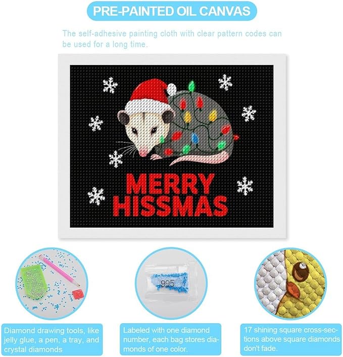 AIVKIEJK Diamond Painting Kits for Adults - Christmas Possum Merry Hissmas Painting DIY 5D Full Drill Diamond Dots Paintings with Diamonds Gem Art and Crafts Home Decor 16"x20"