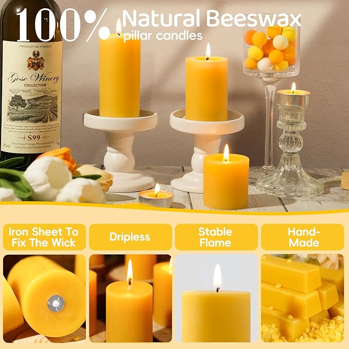 Beeswax Pillar Candles Set of 3,100% Pure Beeswax Candles, 87 Hour Burn Time Bees Wax Candles for Home, Prayer, Unscented, Dripless and Smokeless Organic Pillar Candles,2x2in,2x3in,1.89x4in