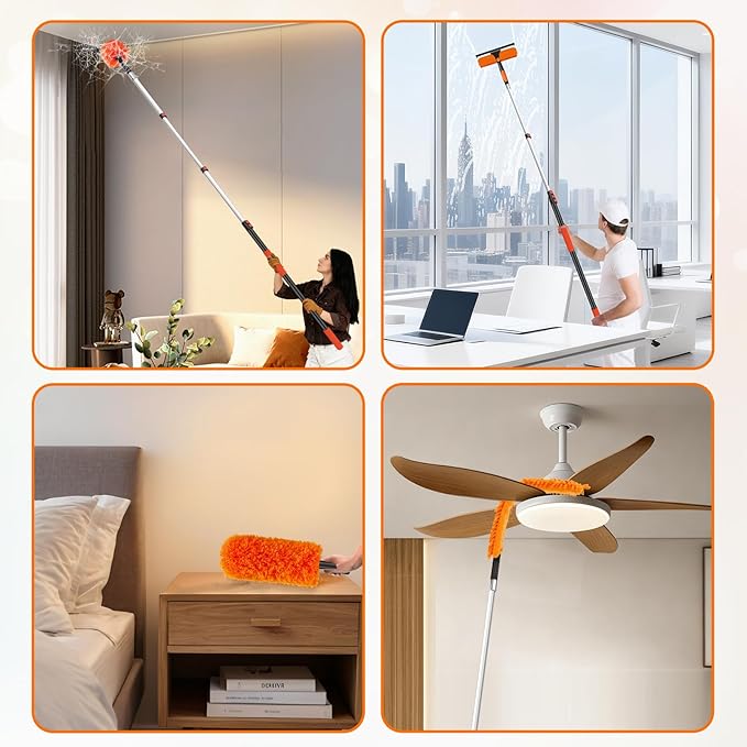 26FT High Reach Duster Cleaning Kit with 20FT Pole | 4-in-1 Tool Set with Universal Swivel Joint | High Ceiling Fan Cleaner, Microfiber Duster & Window Squeegee for Safe High-Reach Cleaning