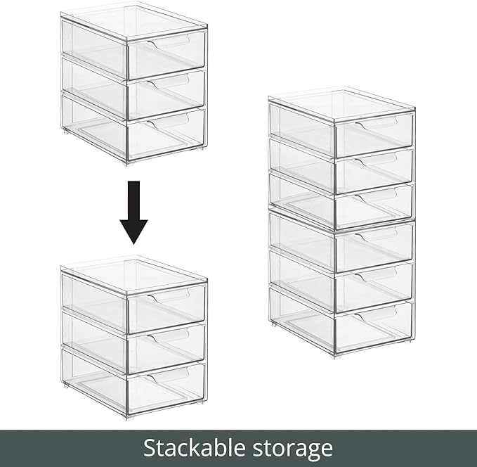 mDesign Plastic Stackable 3-Drawer Kitchen Storage Organizer - Bin with Divided Pull-Out Drawers for Pantry, Shelf, Fridge/Refrigerator, and Freezer Organization - Lumiere Collection - Clear