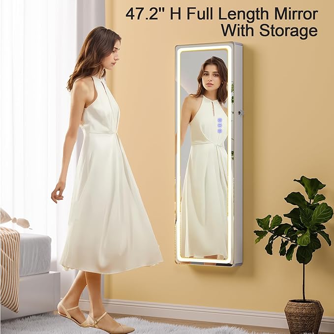 Lvifur LED Mirror Jewelry Cabinet - with RGB lights,Lockable Wall/Door Mounted Full Length Mirror with Storage,Hanging Jewelry Organizer-2 Drawers,Foldable Shelf,Built-in Lighted Mirror(White)